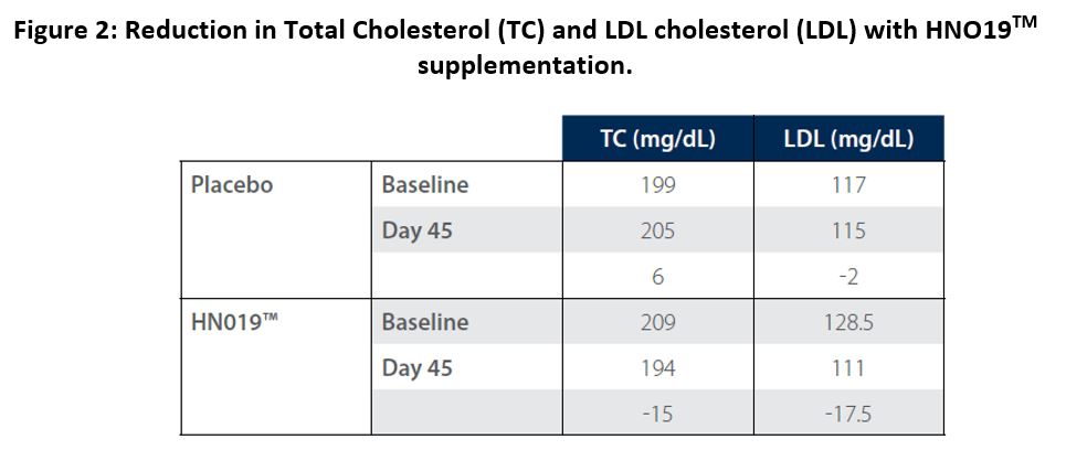 Figure 2: Reduction in Total Cholesterol (TC) and LDL cholesterol (LDL) with HNO19 supplementation.
