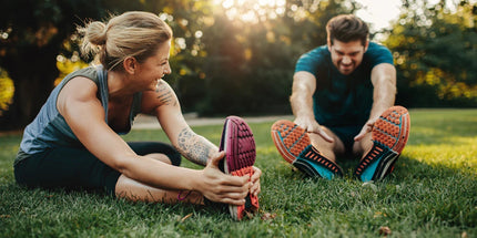 two individuals performing stretching exercises on a grassy field