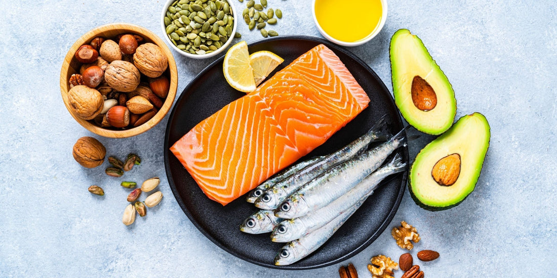 salmon, makerel, avocado and more natural ingredients on a plate