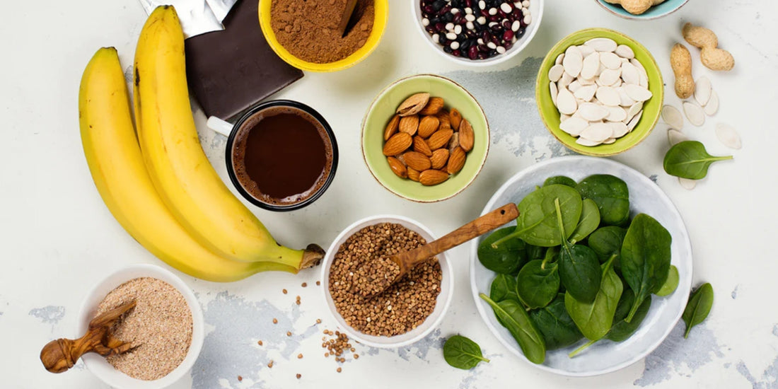 a variety of healthy food ingredients, highlighting their diversity in colors, textures, and nutritional values