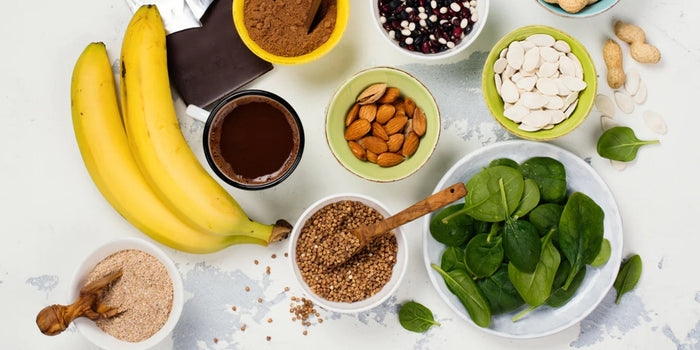 a variety of healthy food ingredients, highlighting their diversity in colors, textures, and nutritional values