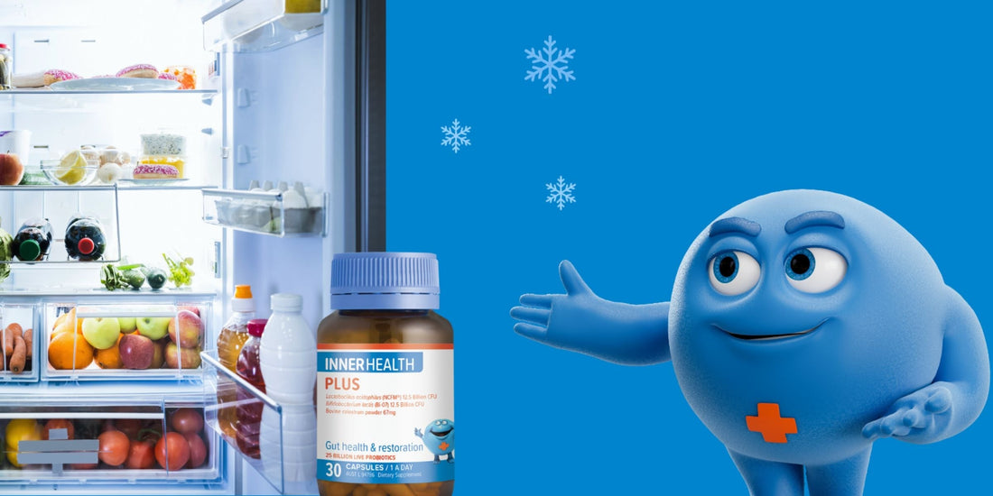 Inner health bug opening fridge for probiotics