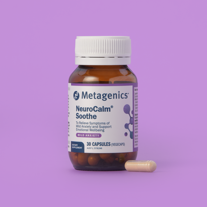 Metagenics NeuroCalm Soothe supplement bottle on a purple background
