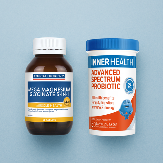 Two supplement bottles, one labeled 'Ethical Nutrients' and the other 'Inner Health', on a light blue background.