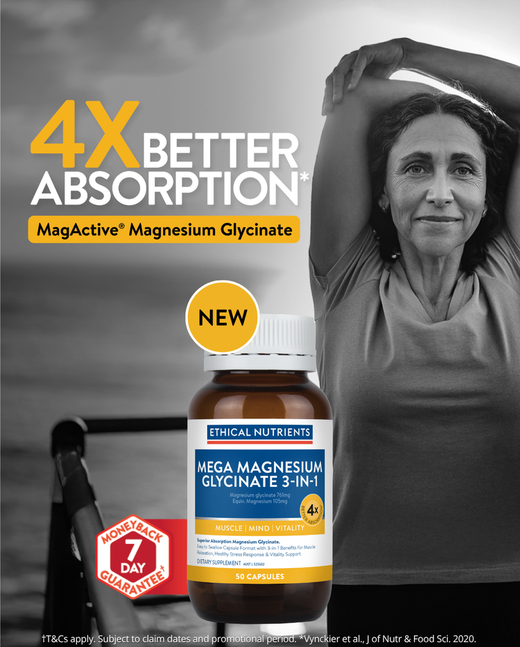 Ethical Nutrients Mega Magnesium Glycinate 3-in-1 supplement bottle with “4x better absorption” claim and MagActive magnesium glycinate, alongside person stretching, new product badge and 7-day money-back guarantee.