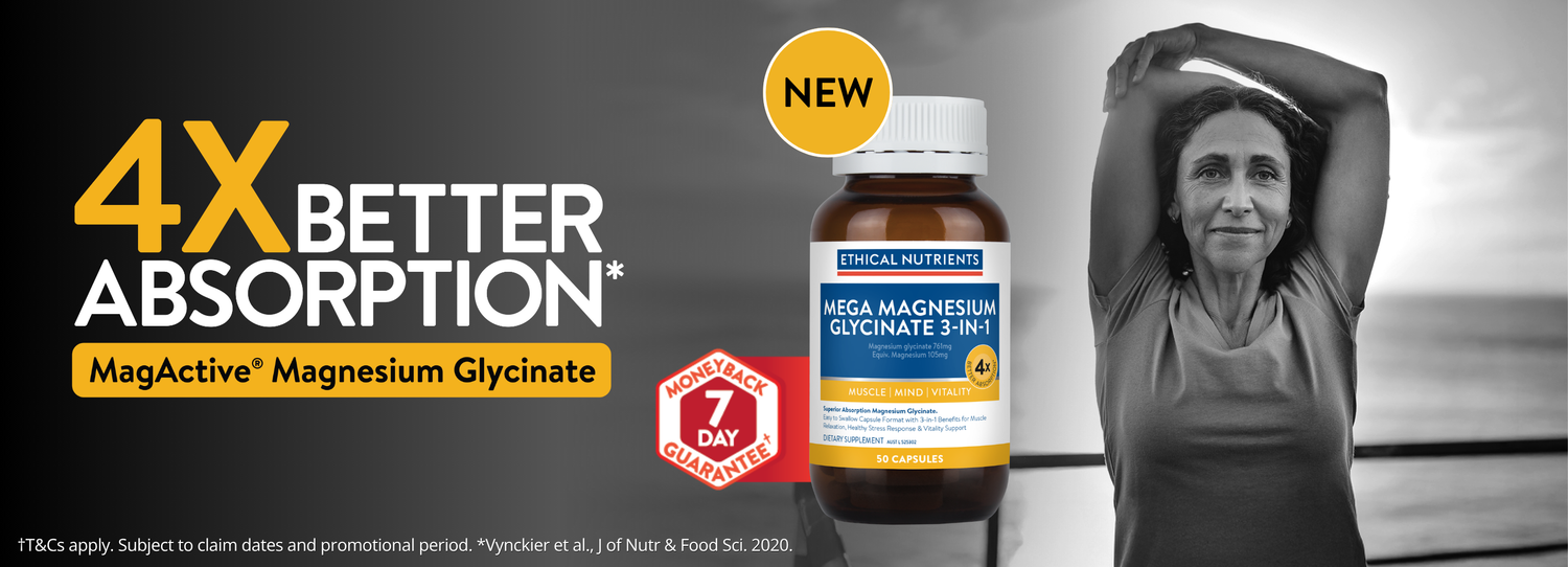 Ethical Nutrients Mega Magnesium Glycinate 3-in-1 supplement bottle with “4x better absorption” claim and MagActive magnesium glycinate, alongside person stretching, new product badge and 7-day money-back guarantee.