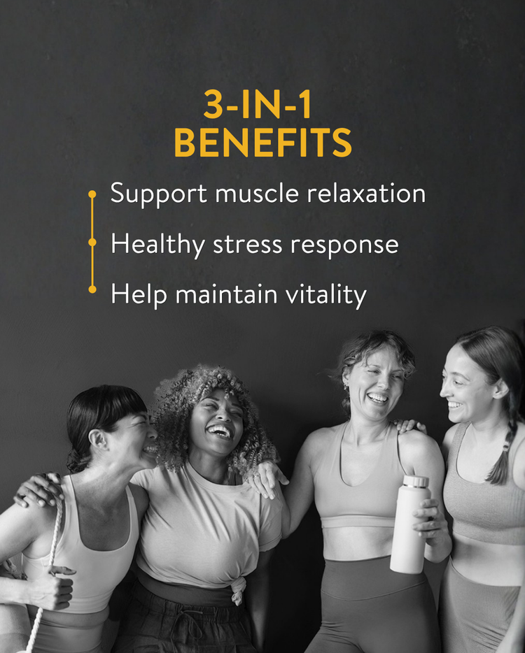 Magnesium glycinate 3-in-1 benefits graphic highlighting muscle relaxation, healthy stress response and vitality support with active lifestyle group image.