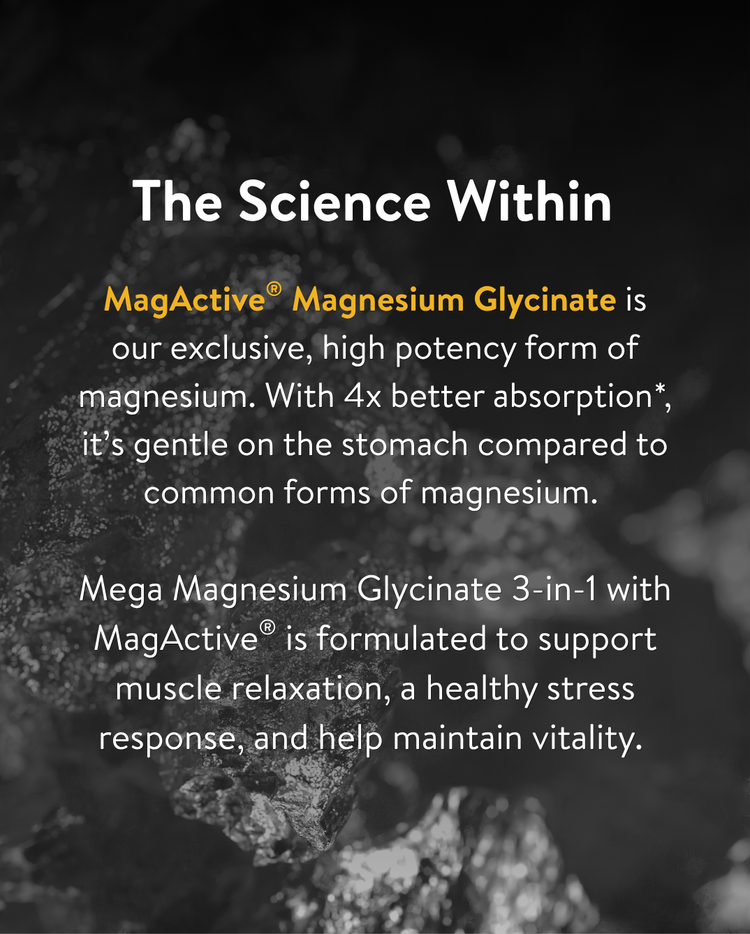 MagActive magnesium glycinate science overview highlighting 4x better absorption, gentle digestion and 3-in-1 benefits for muscle relaxation, stress response and vitality.