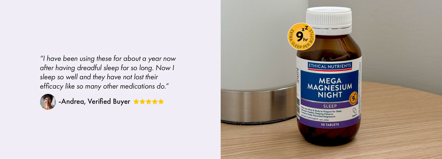 Bottle of Ethical Nutrients Mega Magnesium Night tablets on a wooden surface next to a lamp. Label highlights sleep support with magnesium glycinate and passionflower. Text on the left shows a verified buyer review praising improved sleep quality and lasting effectiveness.