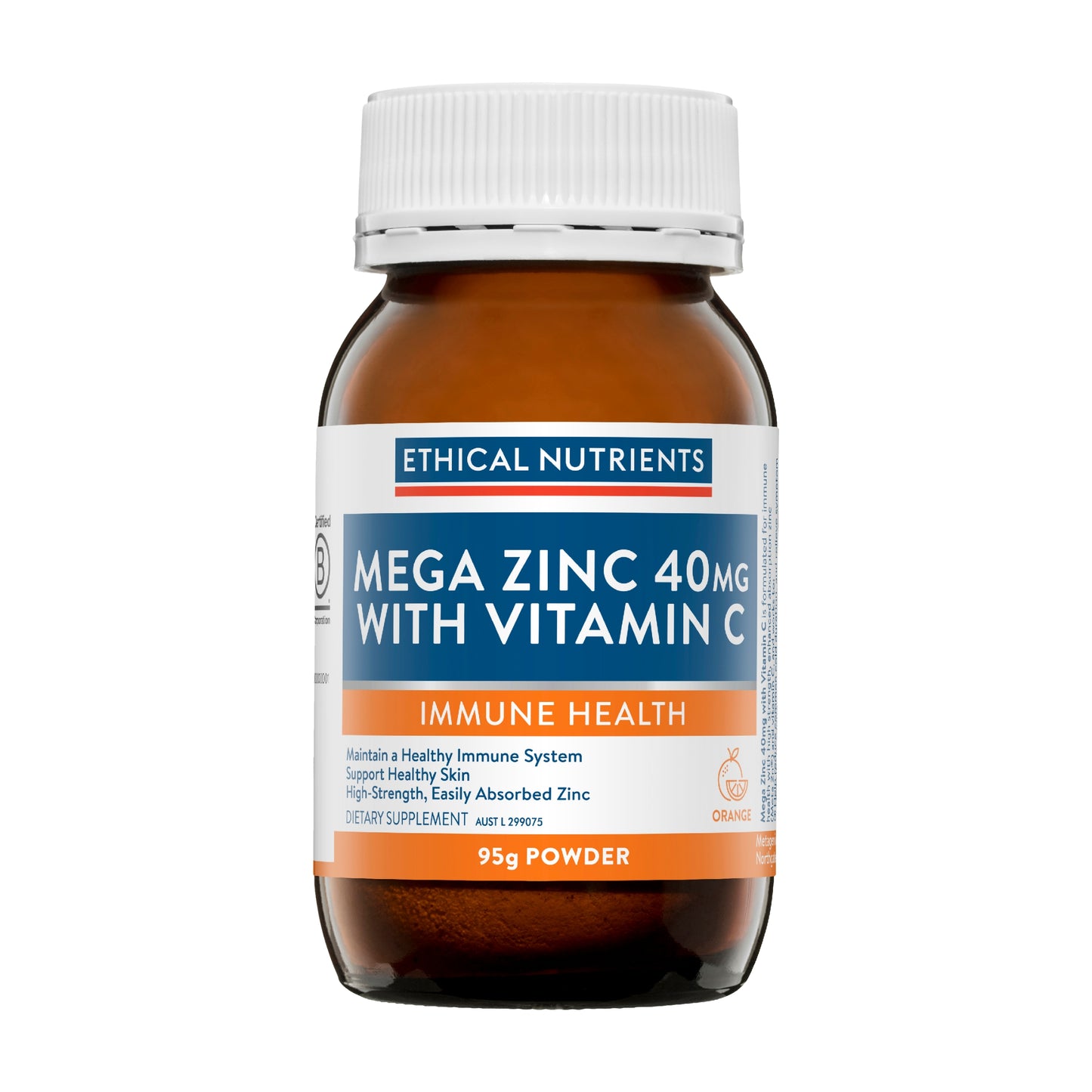 Ethical Nutrients Mega Zinc 40mg with Vitamin C Orange 95g Powder