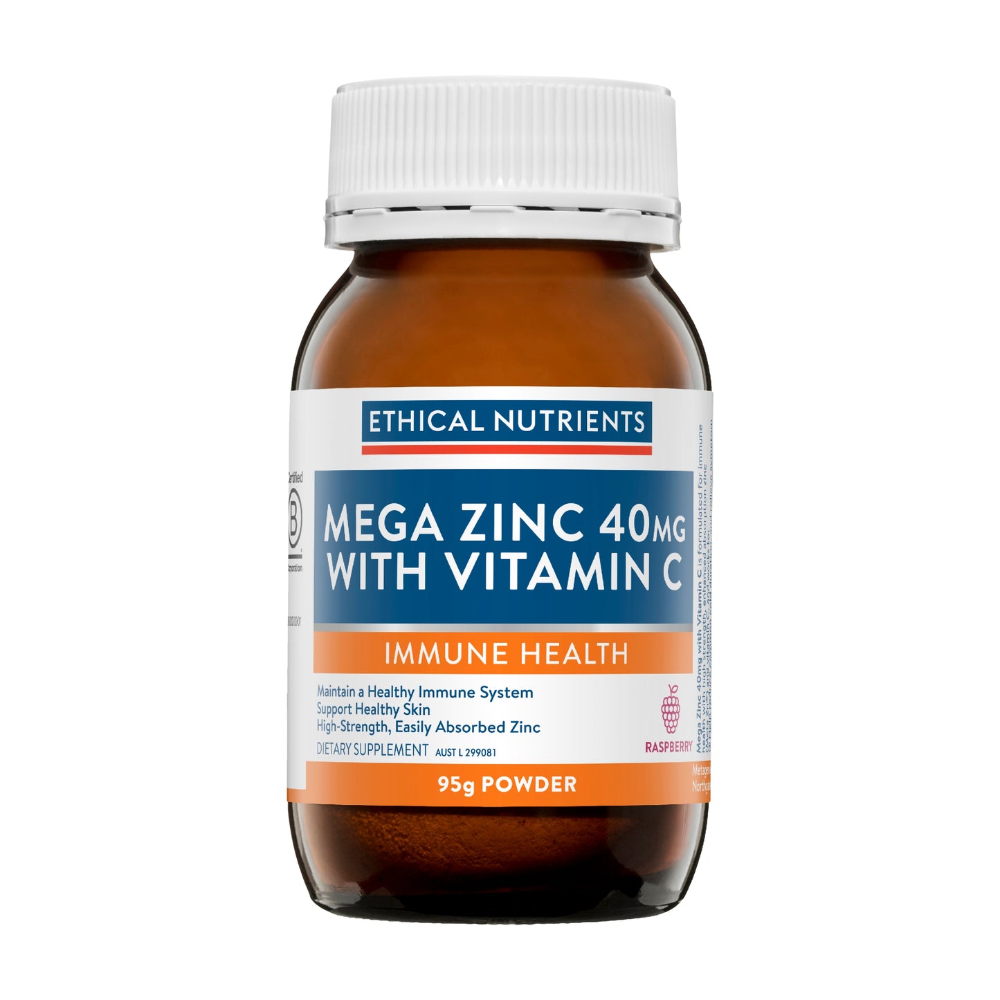 Ethical Nutrients Mega Zinc 40mg with Vitamin C Raspberry 95g Powder