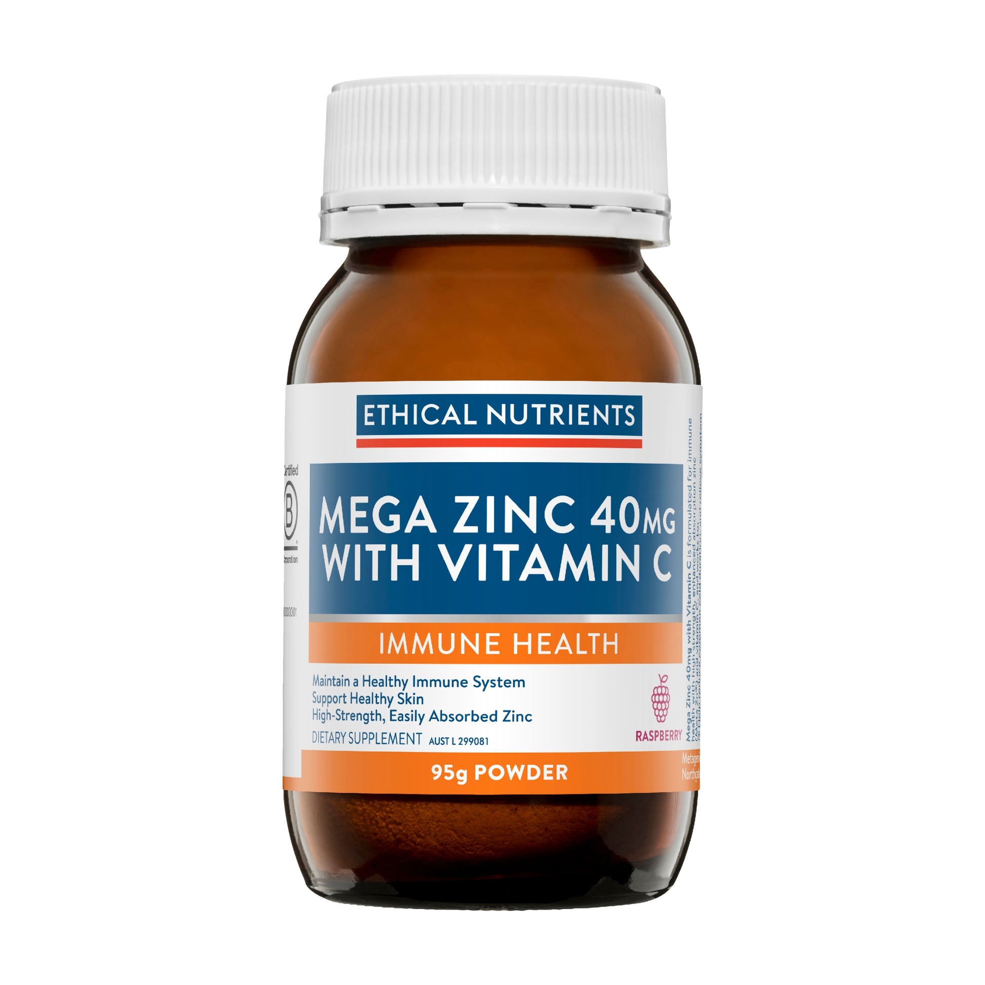 Ethical Nutrients Mega Zinc 40mg with Vitamin C Raspberry 95g Powder