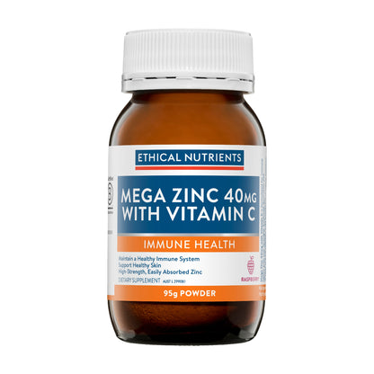 Ethical Nutrients Mega Zinc 40mg with Vitamin C Raspberry 95g Powder