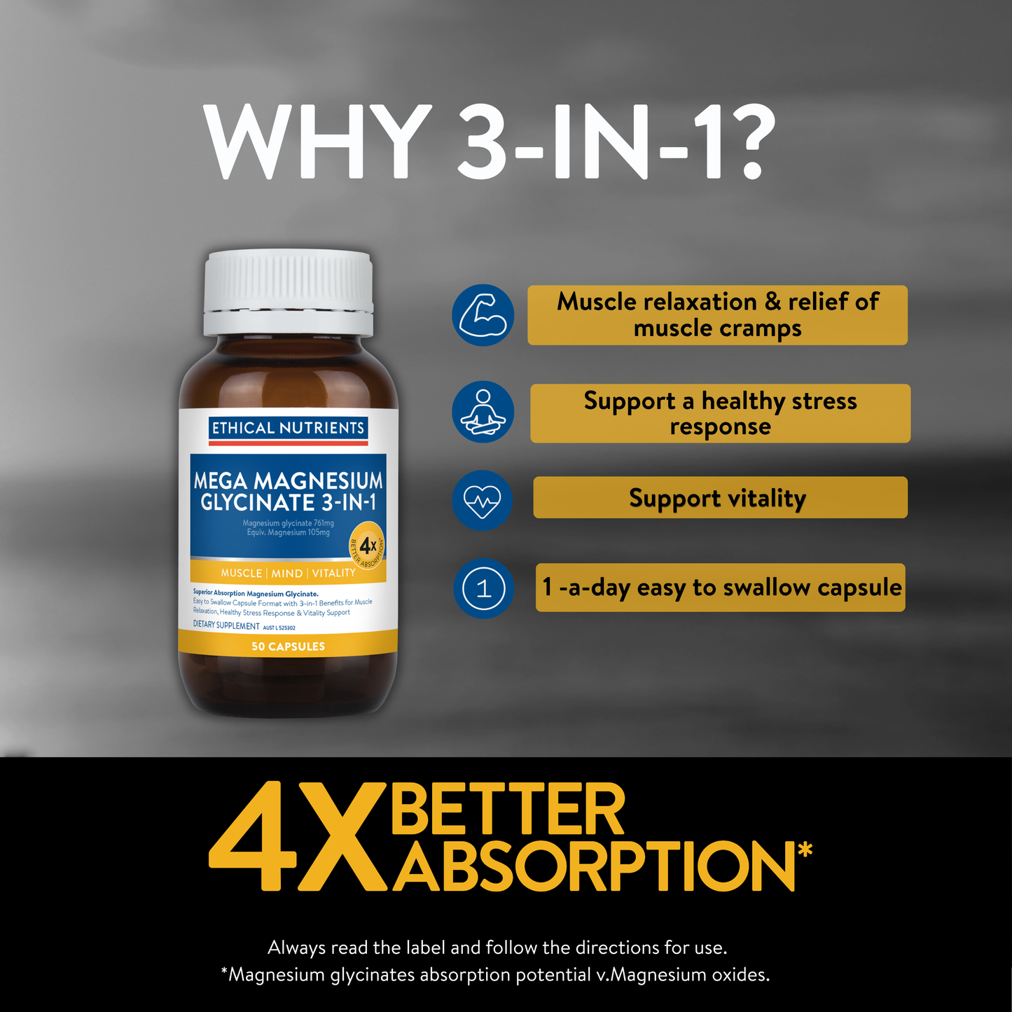 Mega Magnesium Glycinate 3-in-1 50 Capsules