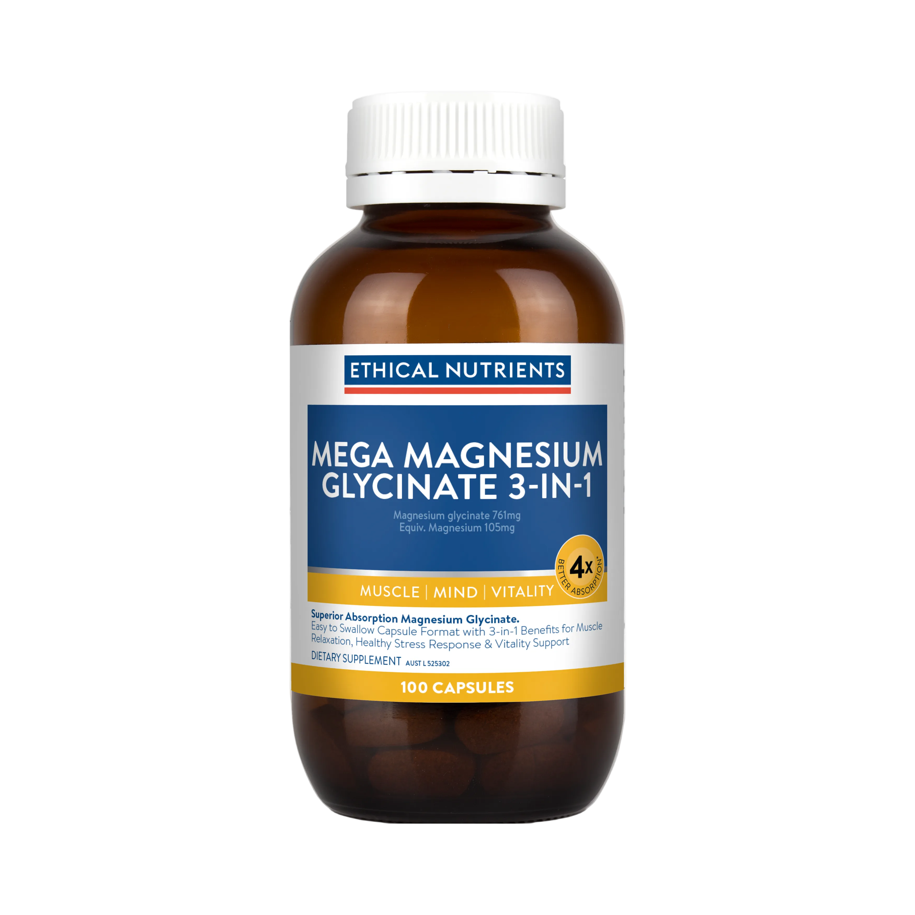 Mega Magnesium Glycinate 3-in-1 100 Capsules – Metagenics