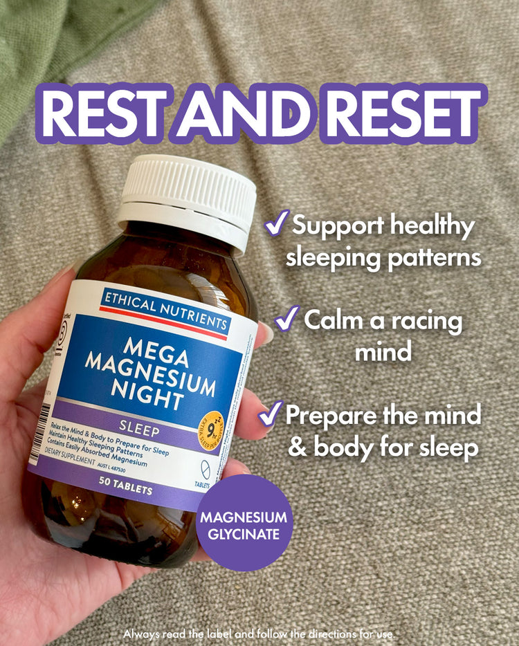 Hand holding a bottle of Ethical Nutrients Mega Magnesium Night tablets on a textured fabric surface. Text reads “Rest and Reset” with three bullet points: support healthy sleeping patterns, calm a racing mind, and prepare the mind and body for sleep. A purple circle highlights magnesium glycinate as a key ingredient.