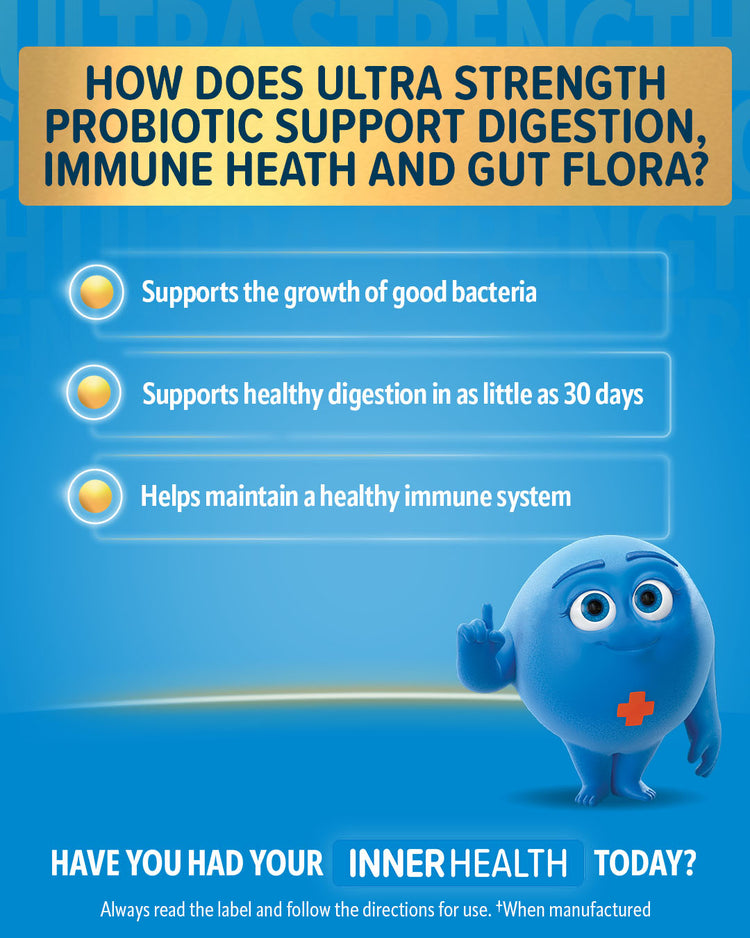 Inner Health Ultra Strength Probiotic benefits including support for good bacteria growth, healthy digestion within 30 days, gut flora balance and immune system health.
