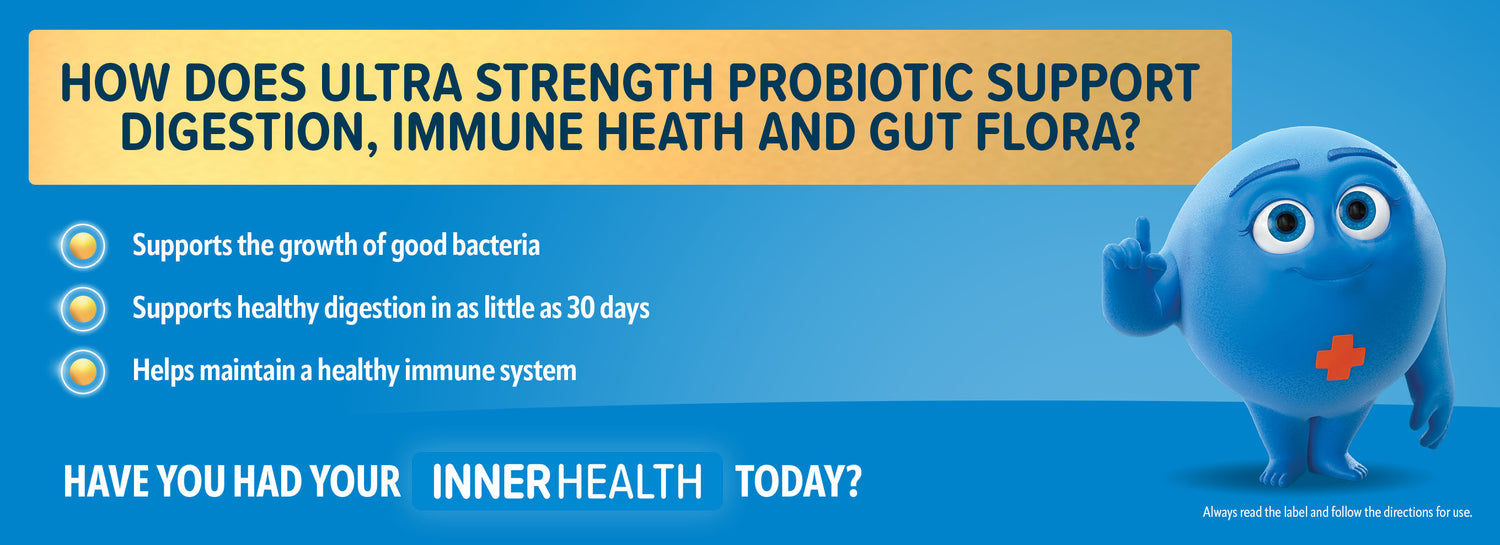Inner Health Ultra Strength Probiotic benefits including support for good bacteria growth, healthy digestion within 30 days, gut flora balance and immune system health.