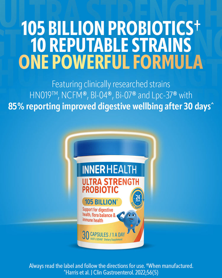 Inner Health Ultra Strength Probiotic with 105 billion probiotics and 10 clinically researched strains to support digestive health, gut flora balance and immune health.