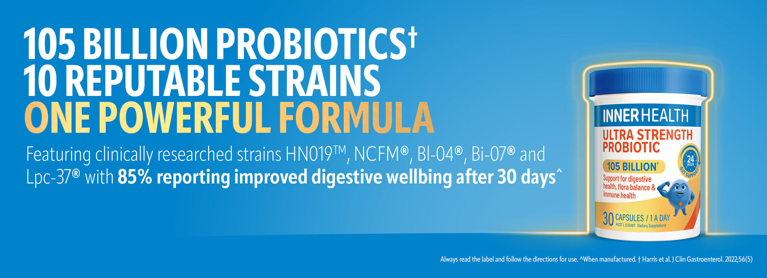 Inner Health Ultra Strength Probiotic with 105 billion probiotics and 10 clinically researched strains to support digestive health, gut flora balance and immune health.