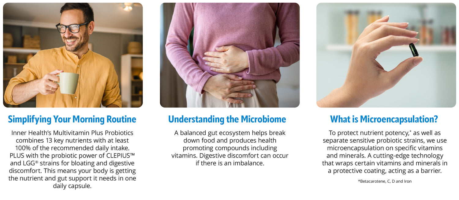 Three panels showing a man with a mug, two people examining a gut, and a hand holding a capsule, with text about health and wellness.