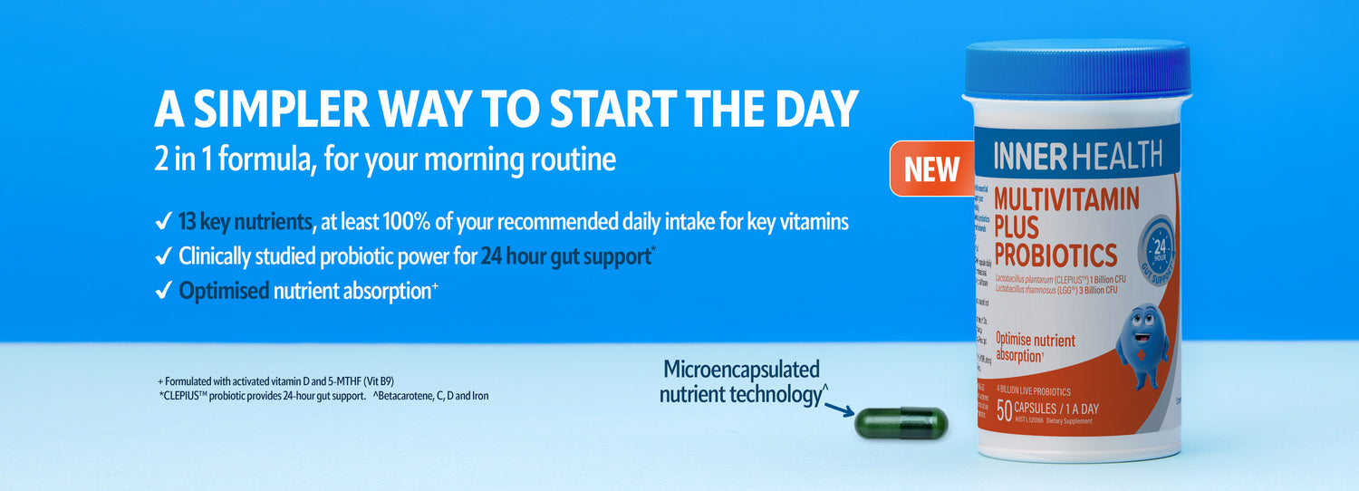 Inner Health Multivitamin Plus Probiotics supplement bottle with 50 capsules showing microencapsulated technology, 2-in-1 formula with 13 key nutrients and clinically studied probiotics for gut support
