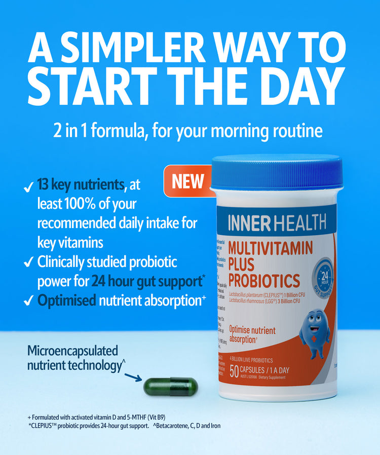 Inner Health Multivitamin Plus Probiotics supplement bottle with 50 capsules showing microencapsulated technology, 2-in-1 formula with 13 key nutrients and clinically studied probiotics for gut support