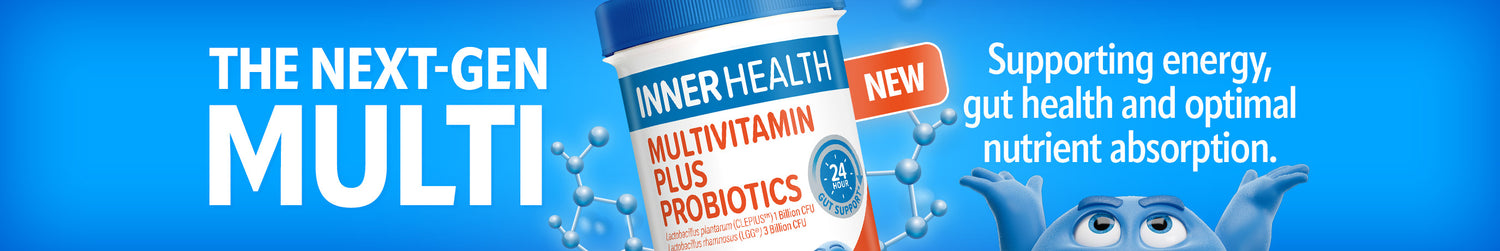 Multivitamin supplement with text on a blue background