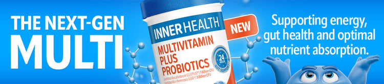 Advertisement for Inner Health Multivitamin Plus Probiotics with text about energy, gut health, and nutrient absorption.