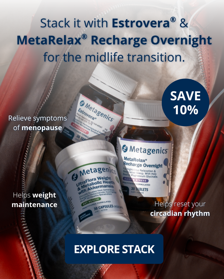 Three Metagenics supplement bottles arranged inside an open red zippered bag, with promotional text overlays including 'Stack it with Estrovera & MetaRelax Recharge Overnight for the midlife transition,' 'SAVE 10%,' and 'EXPLORE STACK.'.