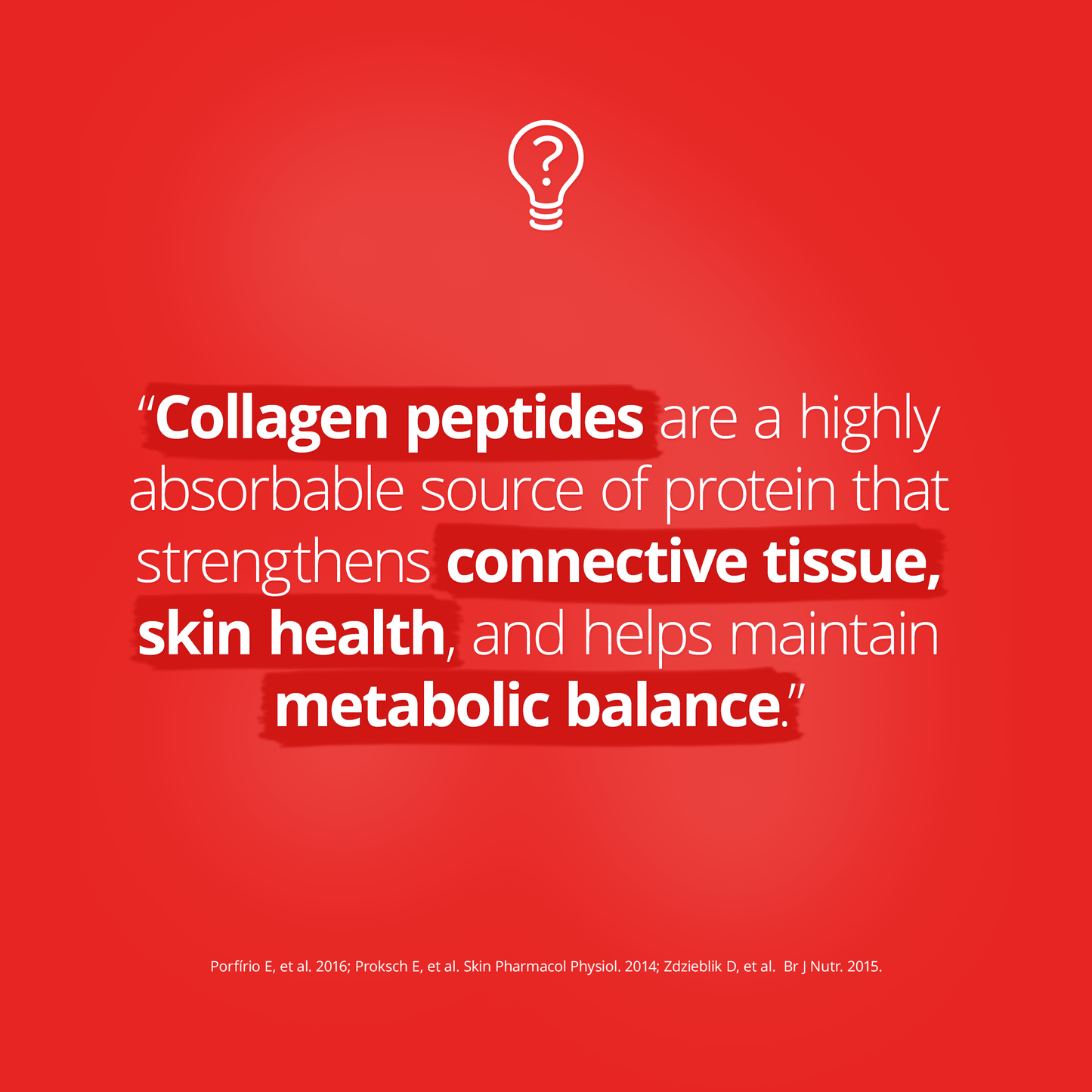 Red background with health quote explaining benefits of collagen peptides. Text highlights that collagen peptides are a highly absorbable protein source that strengthens connective tissue, supports skin health, and helps maintain metabolic balance.