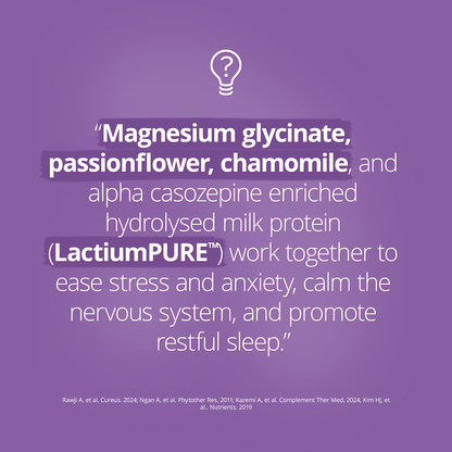 Purple background graphic highlighting stress-relief ingredients: Magnesium glycinate, passionflower, chamomile, and LactiumPURE™ hydrolysed milk protein. Text explains these nutrients help reduce stress and anxiety, calm the nervous system, and promote restful sleep.