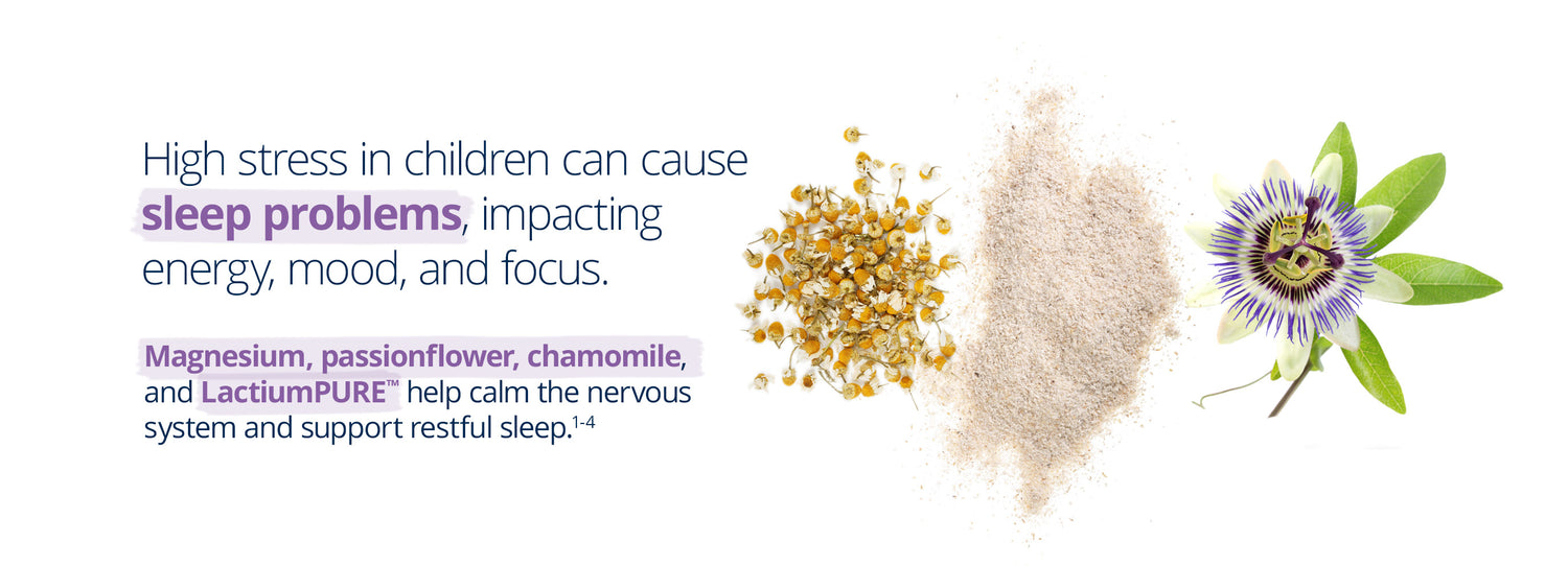 Educational graphic about stress in children and sleep problems. Text explains that high stress can impact energy, mood, and focus, and highlights ingredients like magnesium, passionflower, chamomile, and LactiumPURE™ for calming the nervous system and supporting restful sleep. Includes images of chamomile flowers, powdered supplement, and passionflower.