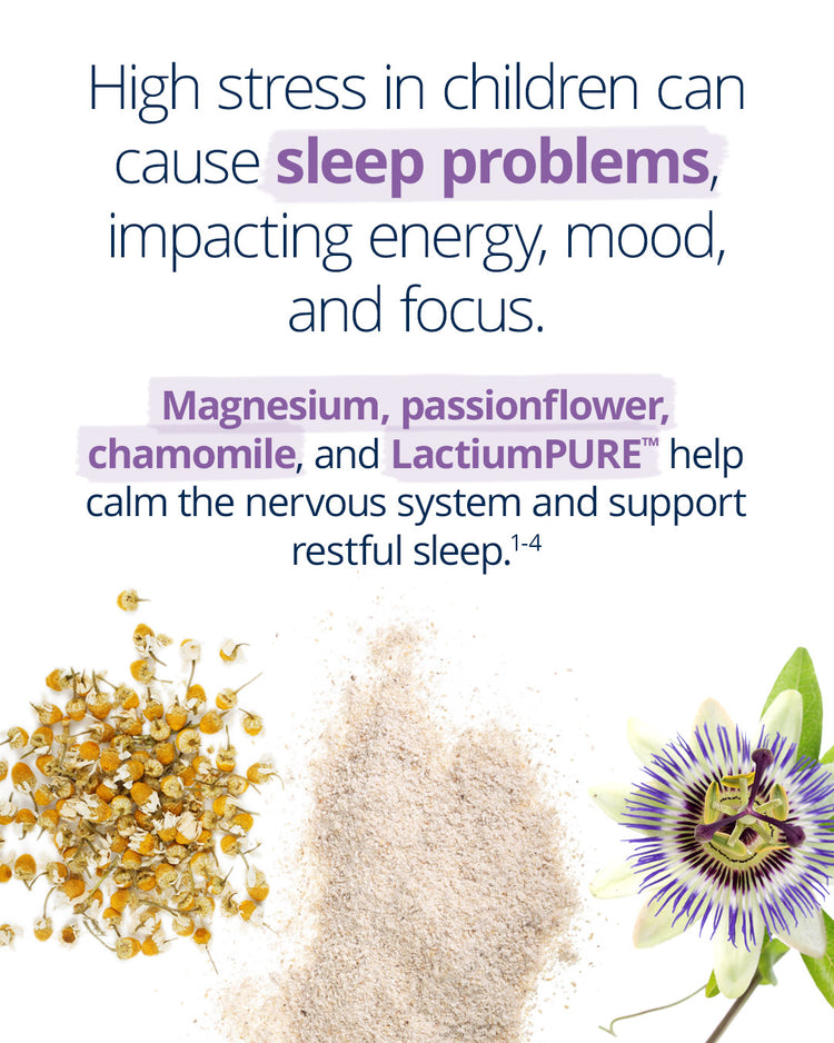 Educational graphic about stress in children and sleep problems. Text explains that high stress can impact energy, mood, and focus, and highlights ingredients like magnesium, passionflower, chamomile, and LactiumPURE™ for calming the nervous system and supporting restful sleep. Includes images of chamomile flowers, powdered supplement, and passionflower.
