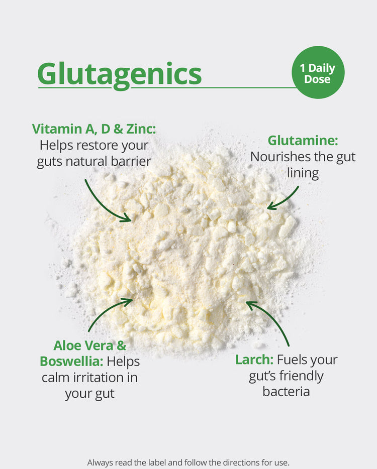 Glutagenics powdered supplement shown with labelled key ingredients: Vitamin A, D and Zinc to support the gut barrier, Glutamine to nourish the gut lining, Aloe Vera and Boswellia to calm gut irritation, and Larch to fuel beneficial gut bacteria. Text reads ‘1 daily dose.