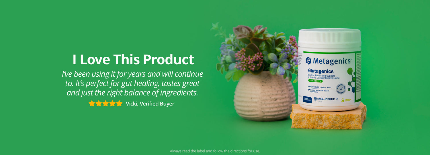 Metagenics Glutagenics powder displayed against a green background beside a decorative plant, featuring a customer testimonial praising the product for gut health, great taste, and balanced ingredients.