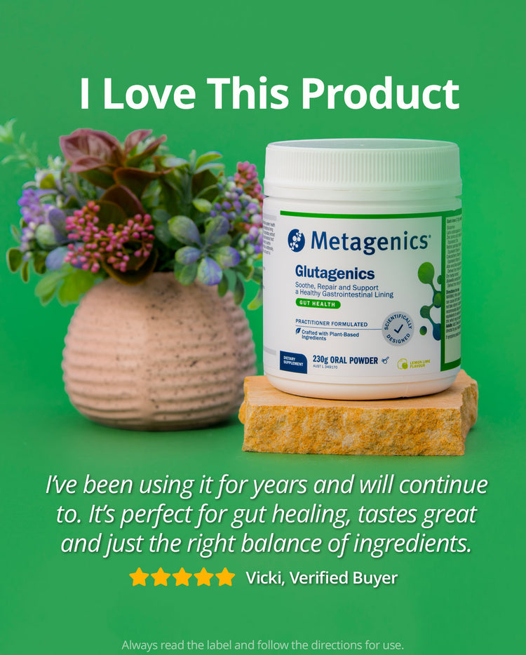 Metagenics Glutagenics powder displayed against a green background beside a decorative plant, featuring a customer testimonial praising the product for gut health, great taste, and balanced ingredients.