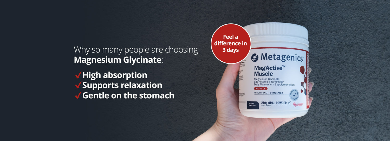 A hand holds a white container of Metagenics MagActive Muscle Magnesium Glycinate powder against a grey background. Text above reads: “Why so many people are choosing Magnesium Glycinate.” A red circle on the right says, “Feel a difference in 3 days.” Additional text lists benefits with red check marks: “High absorption,” “Supports relaxation,” and “Gentle on the stomach.” A disclaimer at the bottom says to always read the label and follow directions.