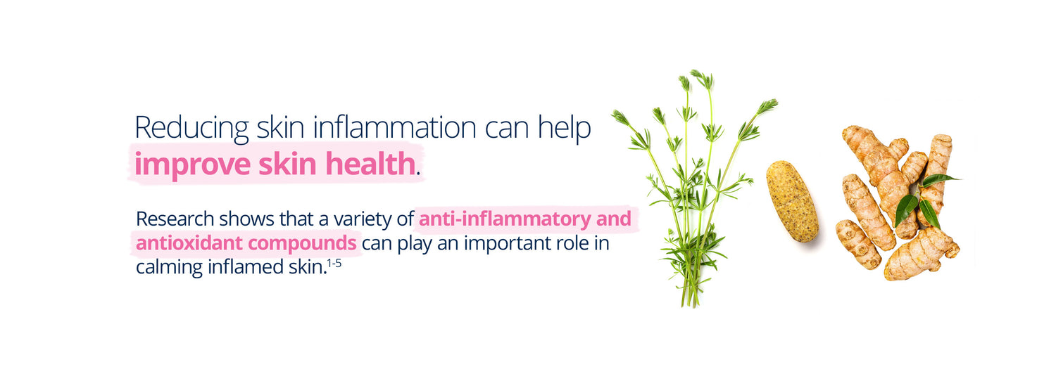 Infographic on reducing skin inflammation to improve skin health. Highlights the role of anti-inflammatory and antioxidant compounds in calming inflamed skin. Includes fresh herbal ingredients and turmeric roots alongside a beige supplement tablet.