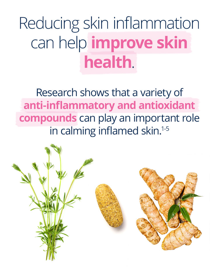 Infographic on reducing skin inflammation to improve skin health. Highlights the role of anti-inflammatory and antioxidant compounds in calming inflamed skin. Includes fresh herbal ingredients and turmeric roots alongside a beige supplement tablet.