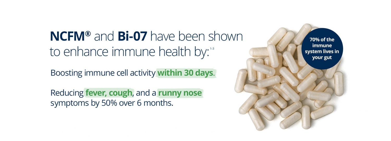UltraFlora Balance probiotics NCFM and Bi-07 support immune health by boosting immune cell activity, reducing cold symptoms, and promoting gut-immune balance.