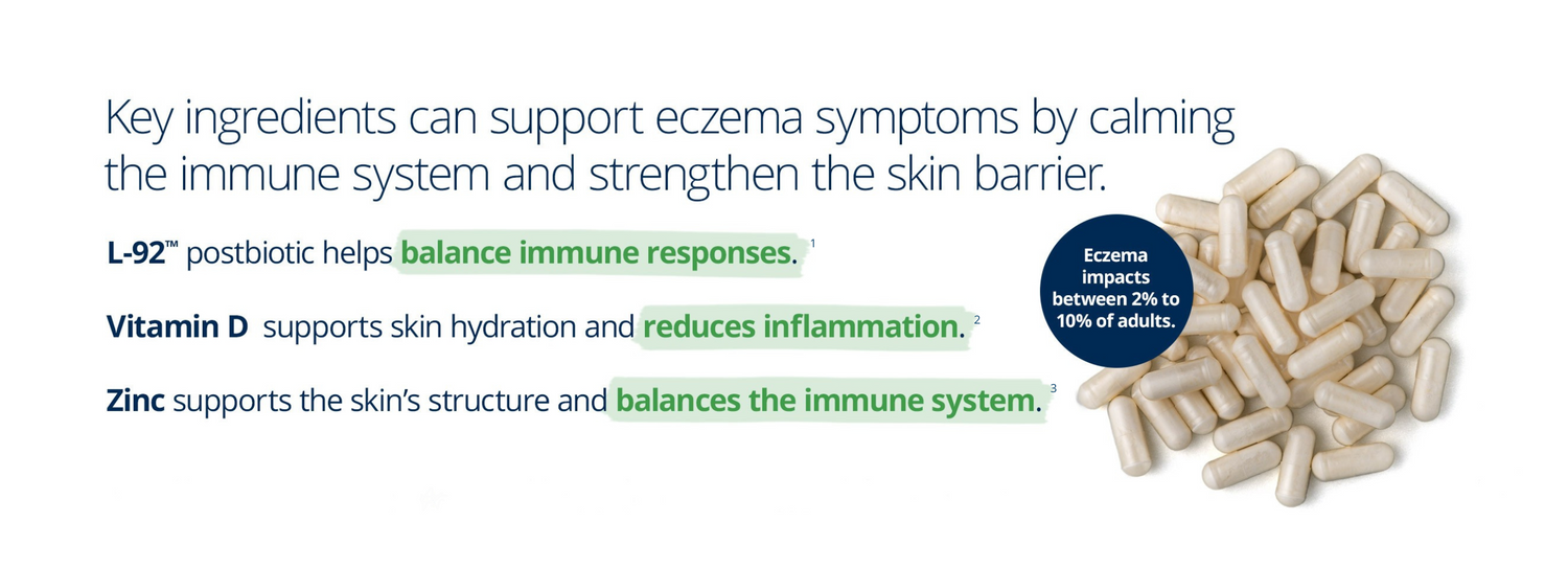 UltraFlora Sensitive Skin supplement—features L-92 postbiotic, vitamin D, and zinc to support eczema symptoms, calm immune responses, and strengthen the skin barrier.