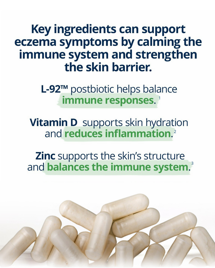 UltraFlora Sensitive Skin supplement—features L-92 postbiotic, vitamin D, and zinc to support eczema symptoms, calm immune responses, and strengthen the skin barrier.