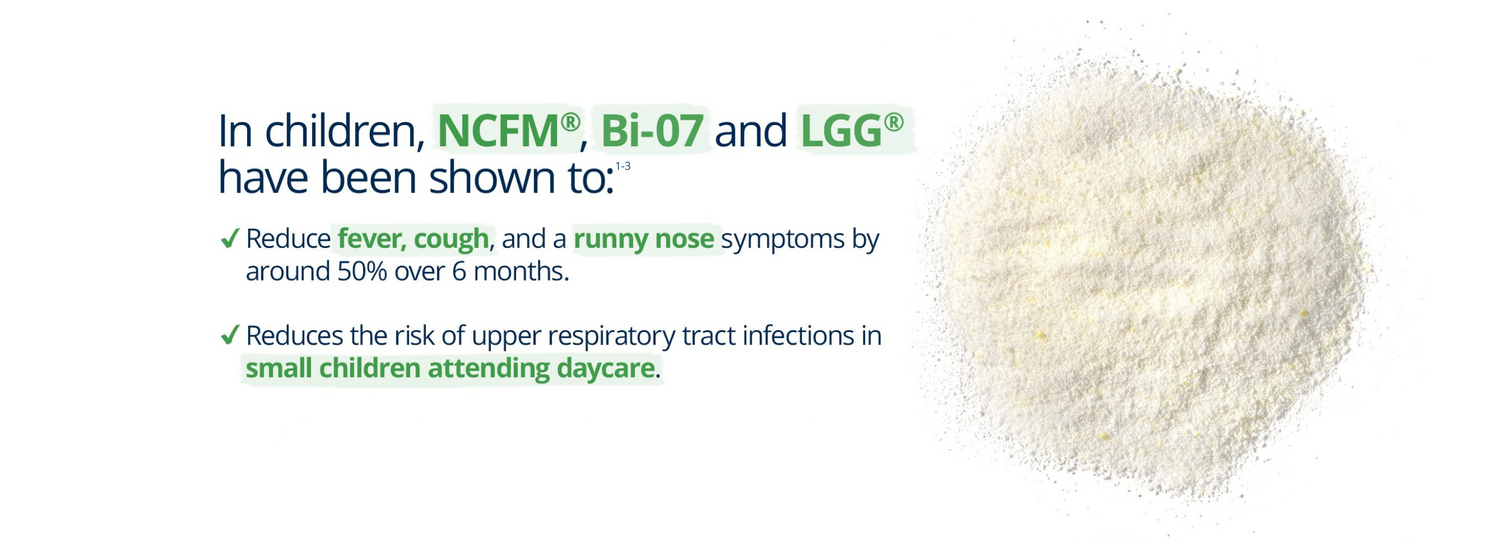 UltraFlora Kids Care probiotics NCFM, Bi-07, and LGG reduce fever, cough, runny nose, and risk of respiratory infections in children.