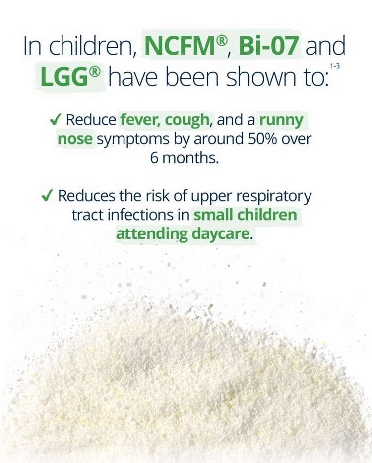 UltraFlora Kids Care probiotics NCFM, Bi-07, and LGG reduce fever, cough, runny nose, and risk of respiratory infections in children.