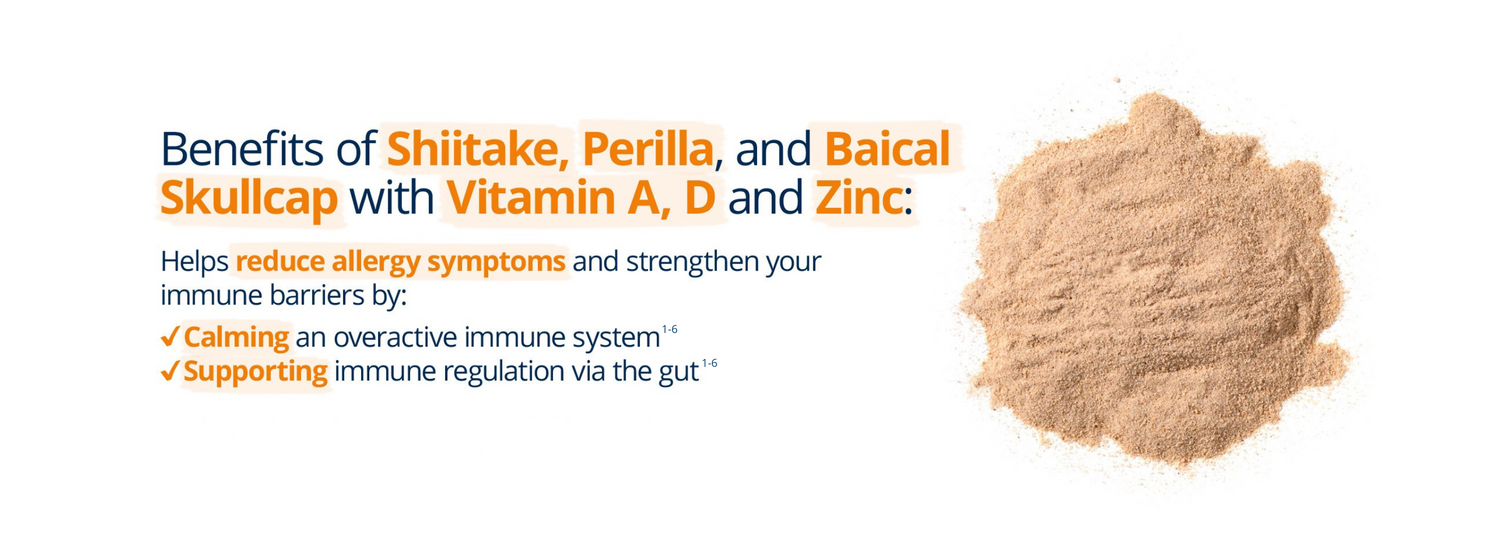 Alergenics supplement with shiitake, perilla, baical skullcap, vitamin A, D, and zinc—supports immune regulation, reduces allergy symptoms, and strengthens immune barriers.