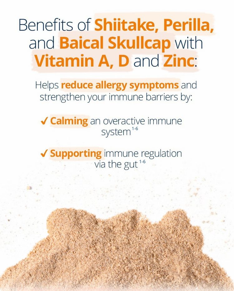 Alergenics supplement with shiitake, perilla, baical skullcap, vitamin A, D, and zinc—supports immune regulation, reduces allergy symptoms, and strengthens immune barriers.