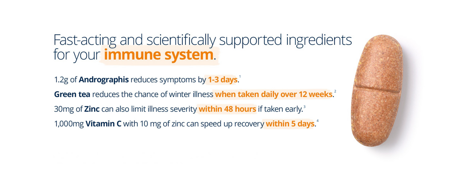 Immune Active NK supplement: fast-acting formula with andrographis, green tea, zinc, and vitamin C to reduce illness duration, support immune health, and speed up recovery.