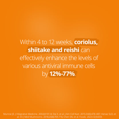 Orange background with text about coriolus, shiitake, and reishi enhancing immune cells.