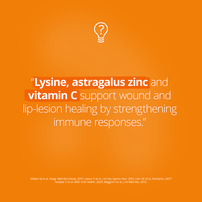 Orange background with text about lysine, astragalus zinc, vitamin C, and wound healing on a white light bulb icon.
